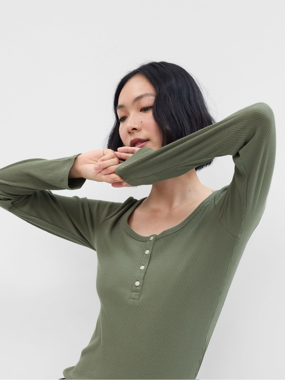 GAP Olive Green Ribbed Henley Long-Sleeve Top